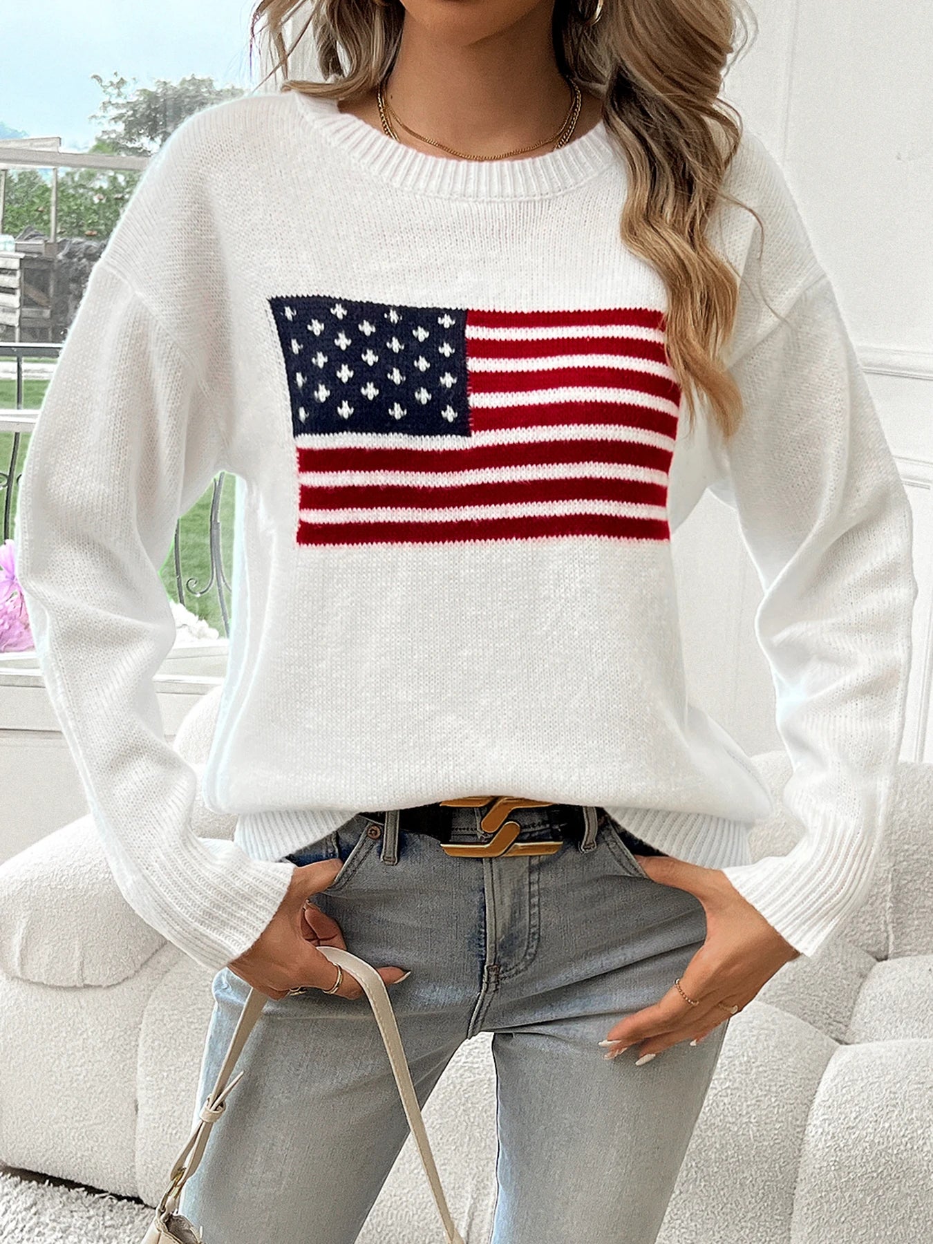 American Flag Crew Neck Long Sleeve Pullover Women&