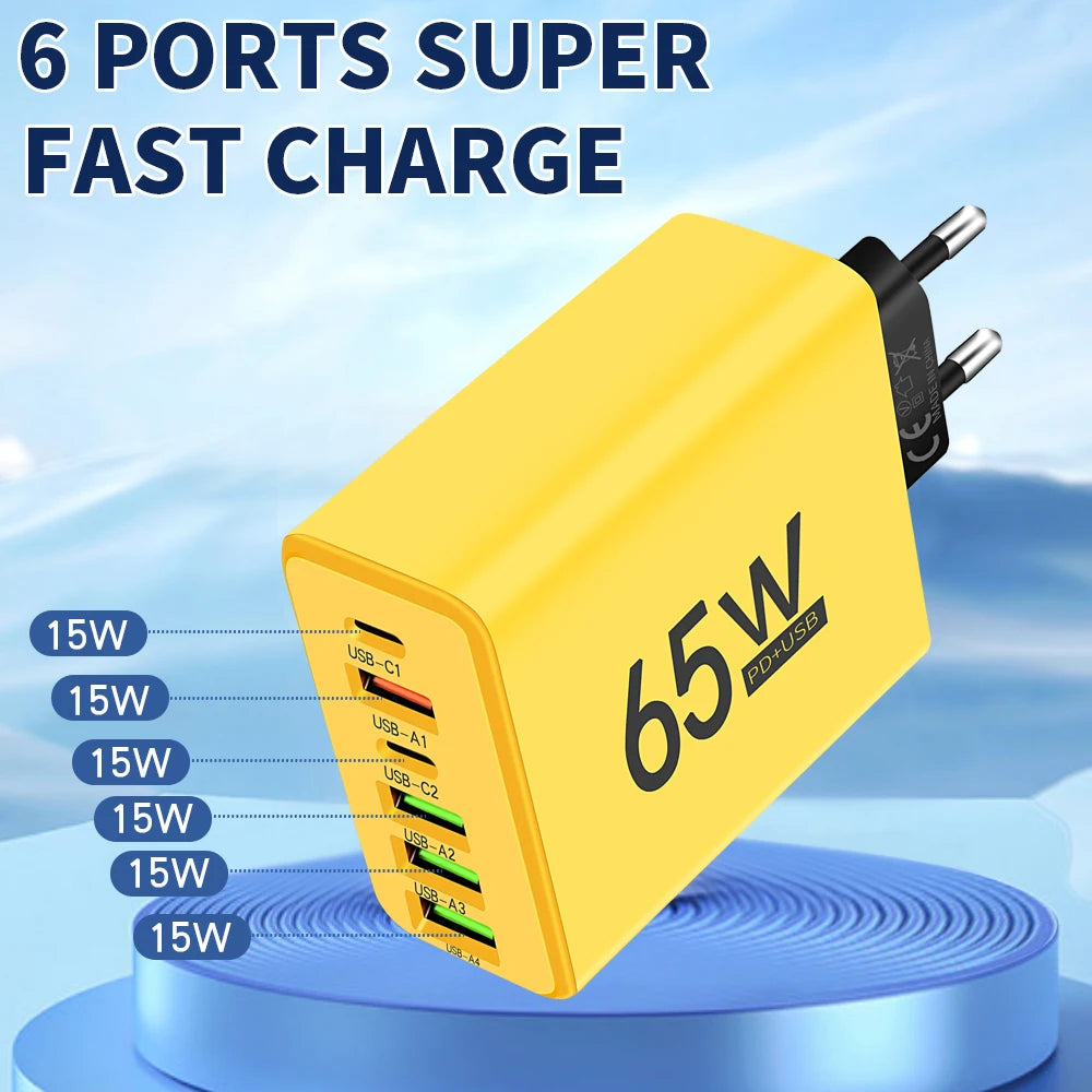 65W USB C Charger 6 Ports Fast Charging Wall Charger for iPhone 15 14 Pro Max Samsung Galaxy S23 Xiaomi 14 Mobile Phone Chargerwall charger usb c charger power adapter