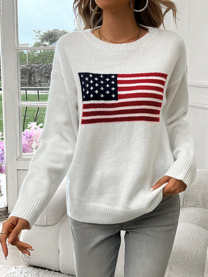 American Flag Crew Neck Long Sleeve Pullover Women&